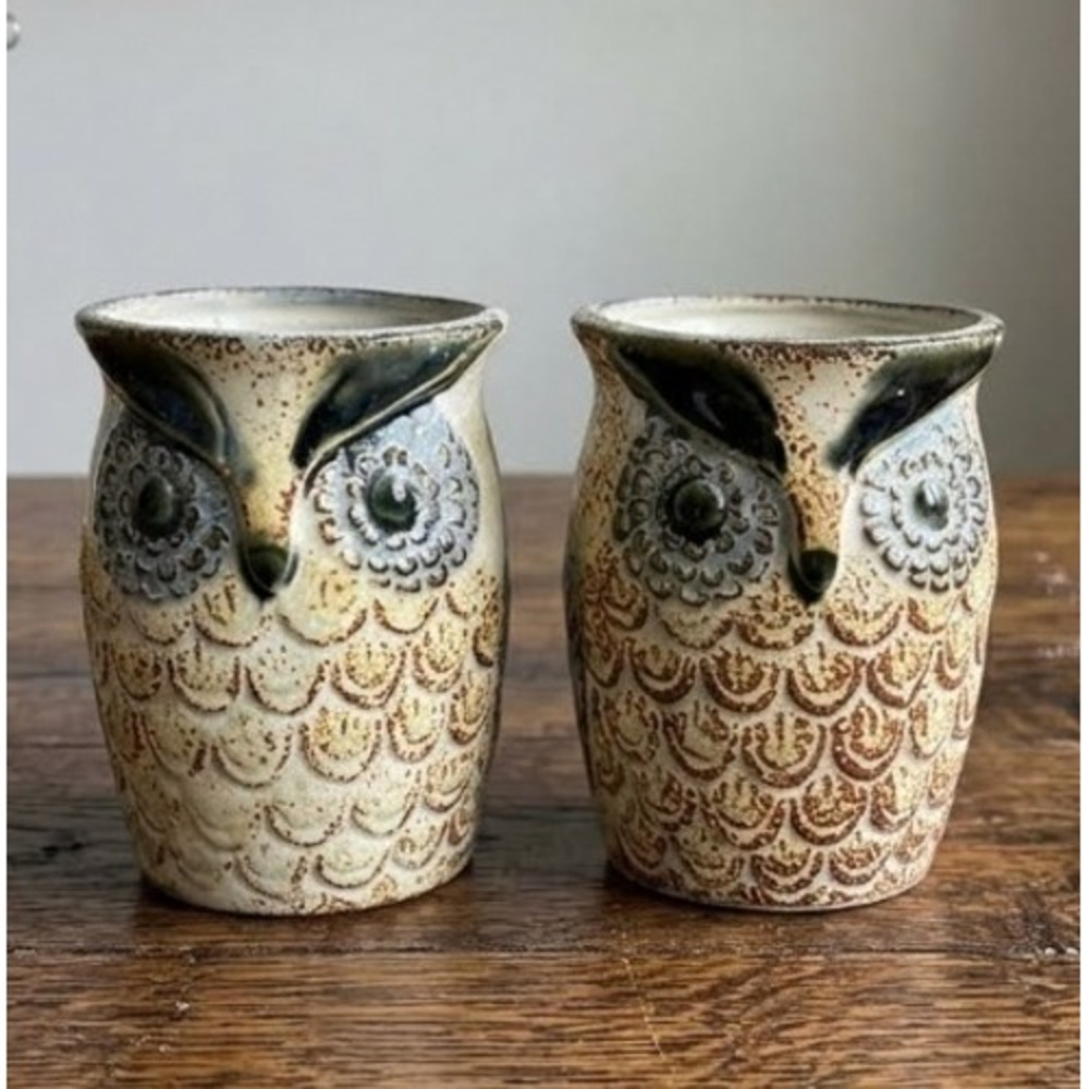 Vintage Pottery Made in Japan Owl Yunomi Mug Set of 2 From 70's 1970's